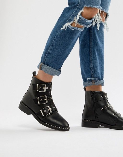 RAID Jack Black Studded Buckle Detail Flat Boots | ASOS US