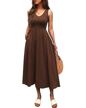 Mieazom Women Summer Sleeveless Casual Dresses Pleated Waist Elegant Midi A-Line Flowy Swing Dres... | Amazon (US)