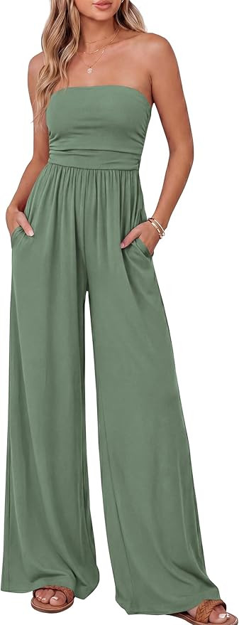 BTFBM Jumpsuits For Women Summer 2026 Beach Vacation Strapless Tube Top Jumpsuit Ruched Casual Wi... | Amazon (US)