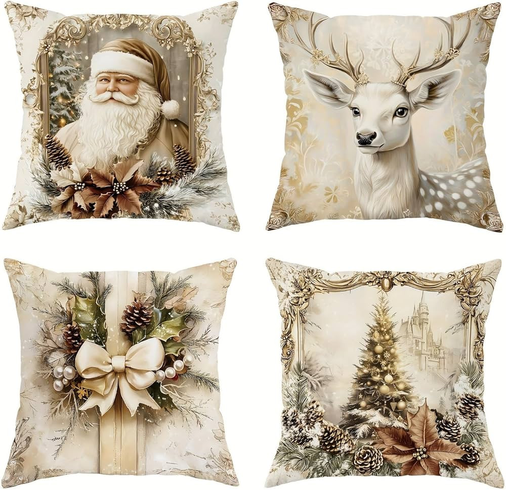 4 fundas de almohada navideñas con diseño de árbol de Navidad, Papá Noel y alce, fundas de al... | Amazon (US)