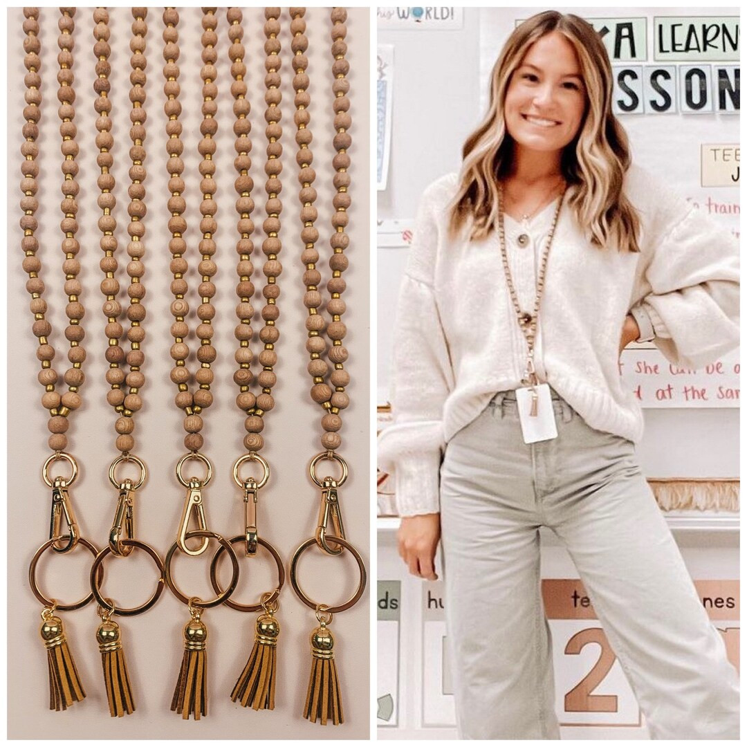 Medium Wood + Gold Teacher Lanyard, Rosewood Lanyard, Gold Beads, Wood Bead Lanyard, Wood and Gol... | Etsy (US)