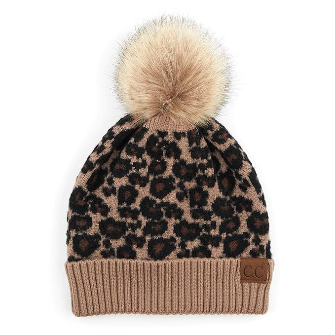 ScarvesMe Women's Leopard Animal Print Warm Winter Beanie Hat with Pom | Amazon (US)