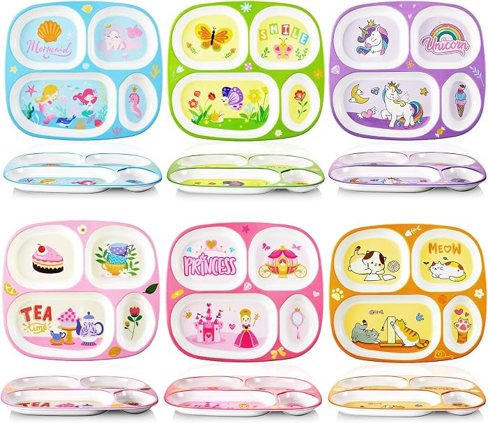 Hushee 6 Pcs 9.4 x 8.2 Inch Kids Plate for Dinner, Cute Toddler Divided Plates for Girls Boys Toddler, Plastic Funny Serving Dishes for Unicorn Princess Mermaid Butterfly Party Cat | Amazon (US)