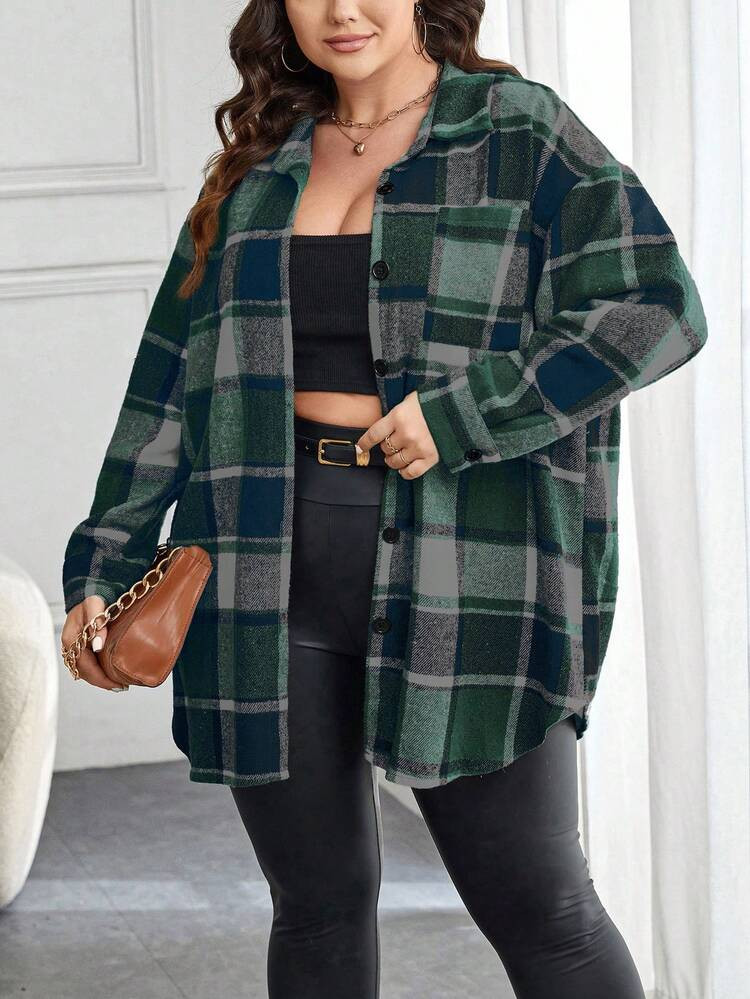 SHEIN Essnce Plus Size Casual & Commute Plaid Dropped Shoulder Loose Shirt,Fall Clothes For Women | SHEIN