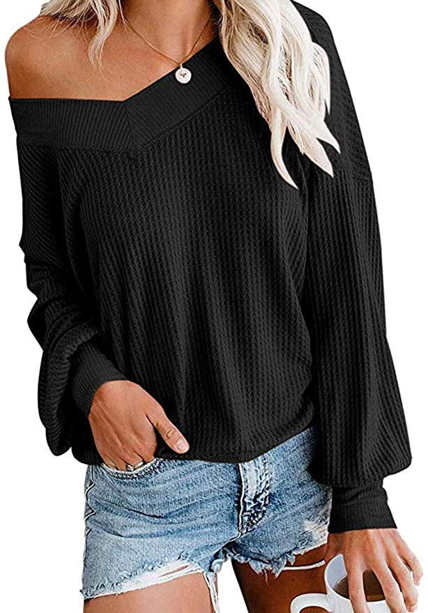Women's V Neck Long Sleeve Waffle Knit Tops Off Shoulder Pullover Sweater - Walmart.com | Walmart (US)