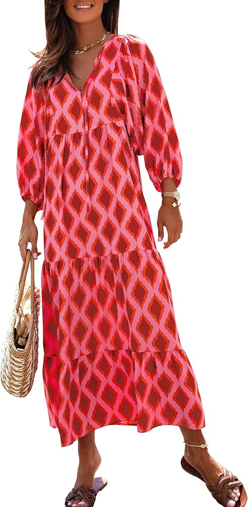 miduo Womens Loose Fit Casual Summer V Neck Half Sleeve Bohemian Geometric Pattern Maxi Long Dres... | Amazon (US)