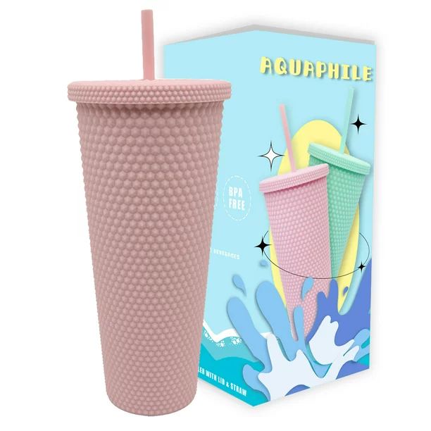 Aquaphile Plastic Matte Studded Tumbler with Lid and Straw Reusable BPA Free Iced Coffee Cups Dou... | Walmart (US)