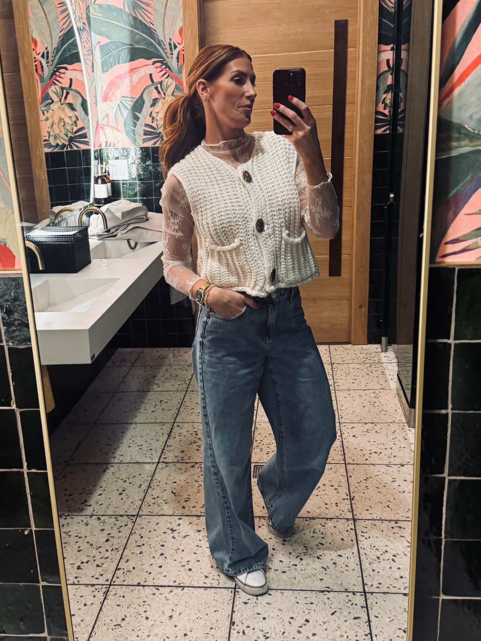 Sweater vest 
Lace top
Wide leg denim
Nike casual sneakers