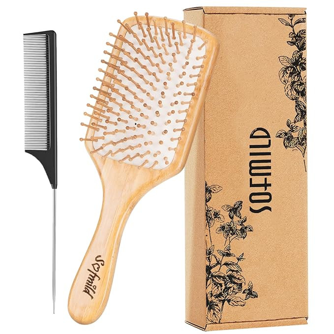 Hair Brush-Natural Wooden Bamboo Brush and Detangle Tail Comb Instead of Brush Cleaner Tool, Padd... | Amazon (US)