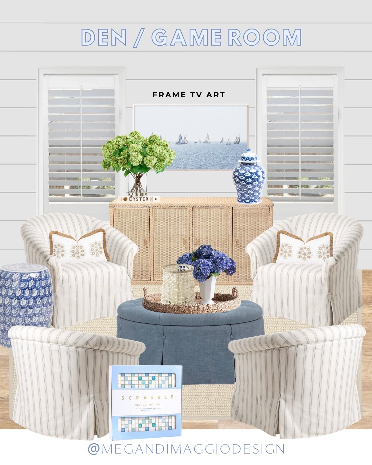 Den / family room / game room inspo!! Featuring so many new designer looks for less!! I’ve always loved and wanted a room that’s got a four chair set up, so chic! And these new chairs look so similar to the Serena & Lily ones 🤯 plus this new braided rattan sideboard/buffett for thousands less, and cocktail ottoman that’s huge at 40” and has hidden storage 🙌🏻

Also included this Etsy sailboat frame tv art that we have & love, soft jute rug with border trim and I had to buy this new wave blue & white garden stool to match my ginger jar!! 😍🙌🏻

#LTKHome #LTKSaleAlert