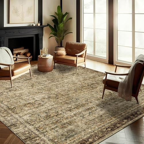 Area Rug 9x12 Washable Brown Vintage Traditional Mat Distressed Indoor Foldable Thin Retro Accent... | Amazon (US)