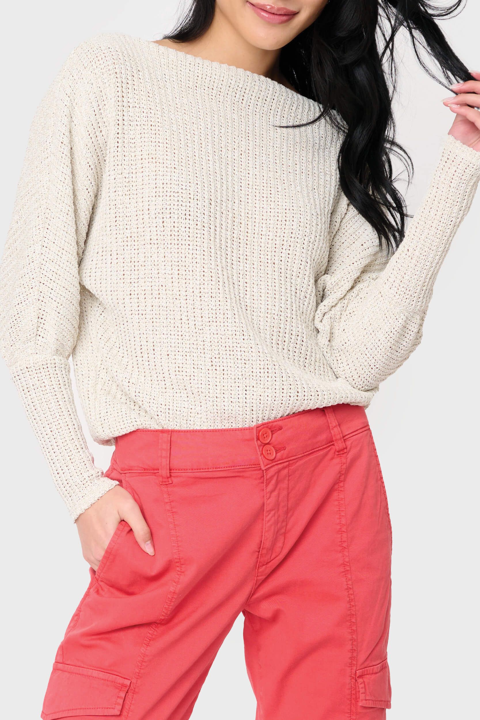 Slouchy Off Shoulder Open Stitch Sweater | Gibson