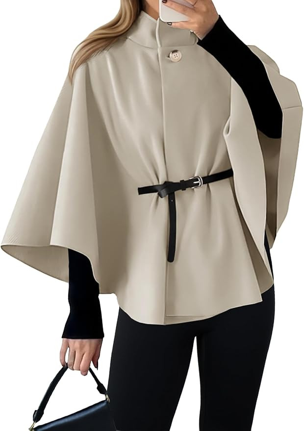 Cicy Bell Womens Batwing Sleeve Poncho Pea Coats Oversized Belted Trendy Casual Stand Collar Cloa... | Amazon (US)