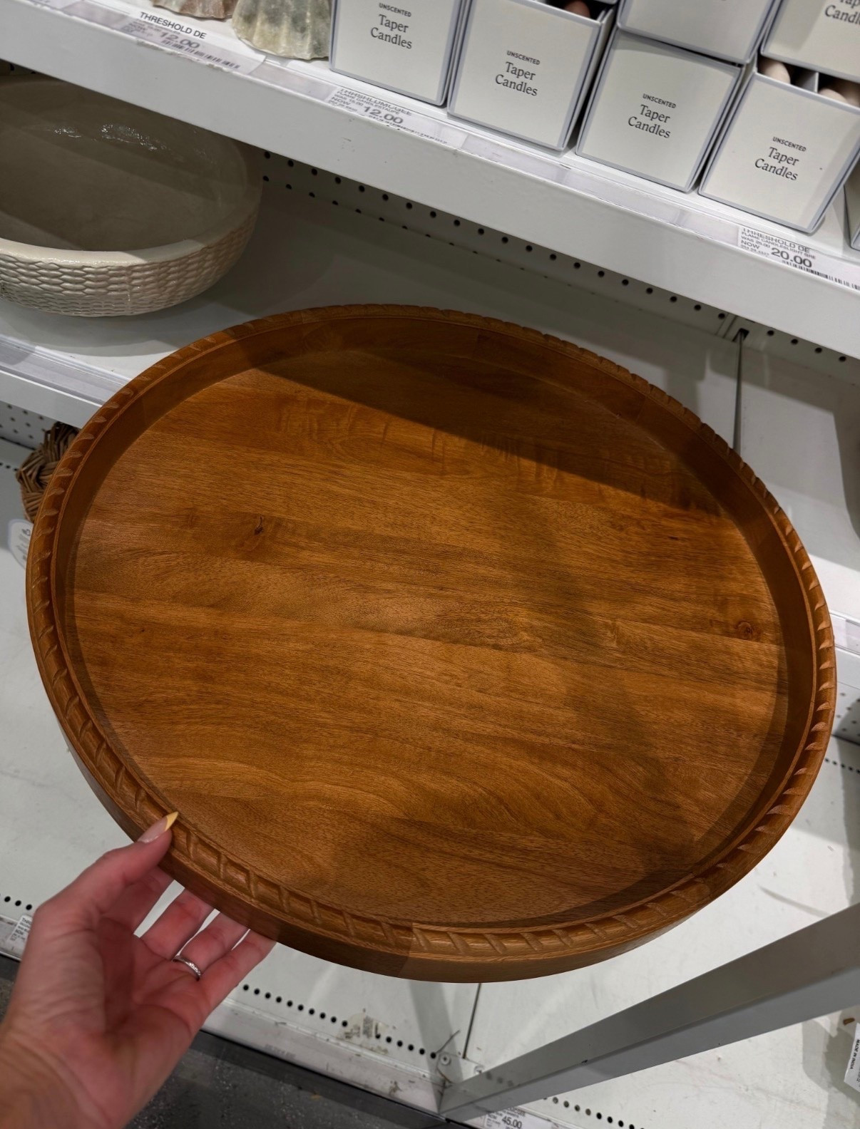 Brown decorative tray
Made of wood
Circular shape
Grooved edge
18in diameter

A perfect blend of style and functionality, this Wood Tray from Threshold™ designed with Studio McGee from @Target  is a versatile addition to your home. This decorative tray is made from wood in a natural hue and features grooves on the edge for a touch of refinement. Designed in a circular shape, this tray is ideal for holding trinkets or showcasing your small decorative items.

#LTKHome #LTKSeasonal