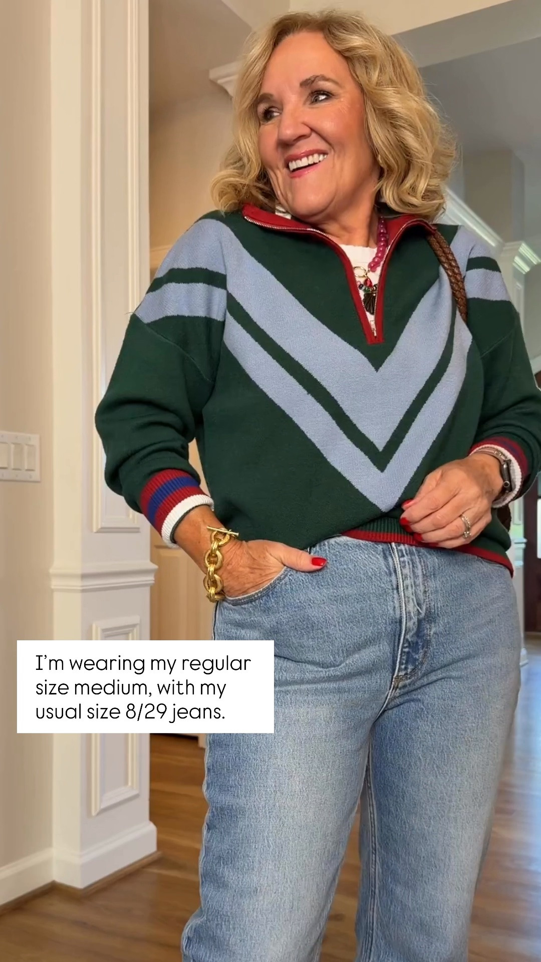 This Avara pre-fall sweater is such a fun way to ease into the new season! I love the bold chevron pattern and sporty collar paired with classic denim for an effortless everyday look. I’m wearing my regular size medium, with my usual size 8/29 jeans. Use code NANETTE15 for 15% off your first Avara order!

💡 LTK MADE EASY
❤️ Heart = Support my posts!
🔖 Save = Get sale & restock alerts
📋 Lists = Keep favorites organized
📲 Share = Send lists and products to a friend. Hello, Christmas List!
💬 Comment = Ask me anything about what I’m wearing.:-)

#LTKootd #LTKSeasonal #LTKOver40