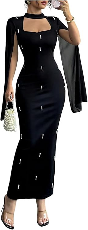 GORGLITTER Women's Pearl Cape Cloak Long Sleeve Maxi Dresses Elegant Classy Fall Wedding Guest Co... | Amazon (US)