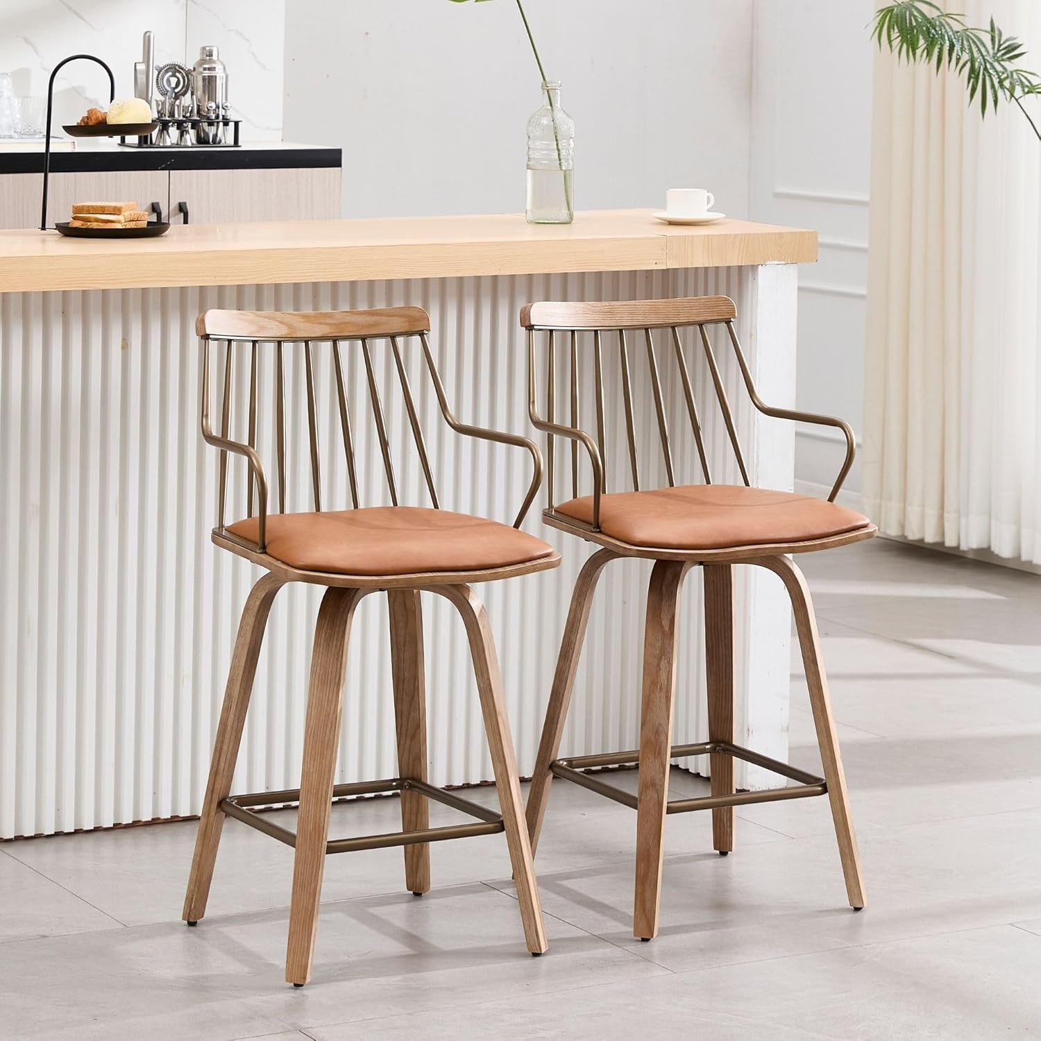 Wahson Mid-Century Modern Farmhouse Bar Stools Set of 4, 26" Swivel Counter Height with Spindle B... | Amazon (US)