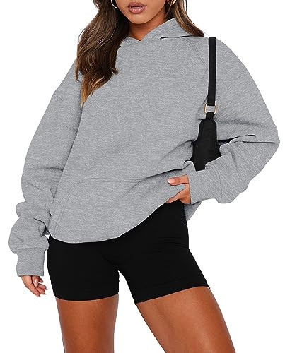 onlypuff Women Solid Basic Fleece Letter Loose Hoodie Sweatshirt Long Sleeve Kangaroo Pocket Drop Shoulder Pullovers Top Grey S | Amazon (US)