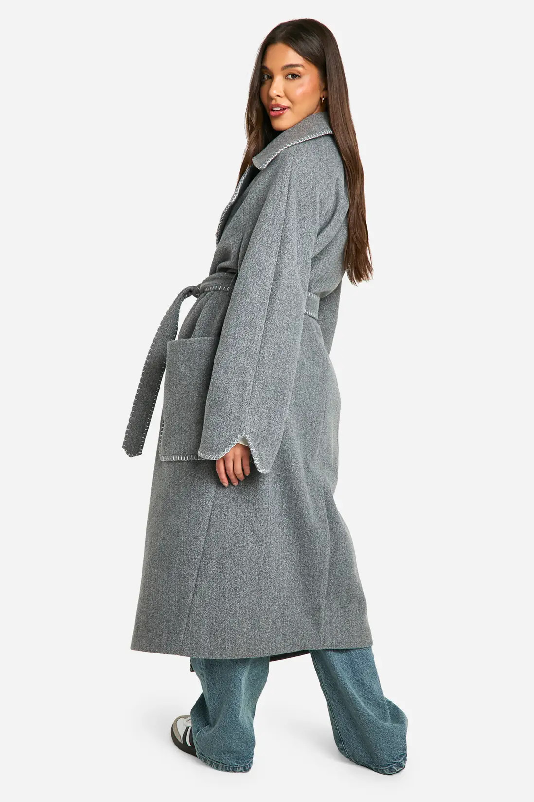 Contrast Stitch Belted Wool Look Coat | Boohoo.com (UK & IE)