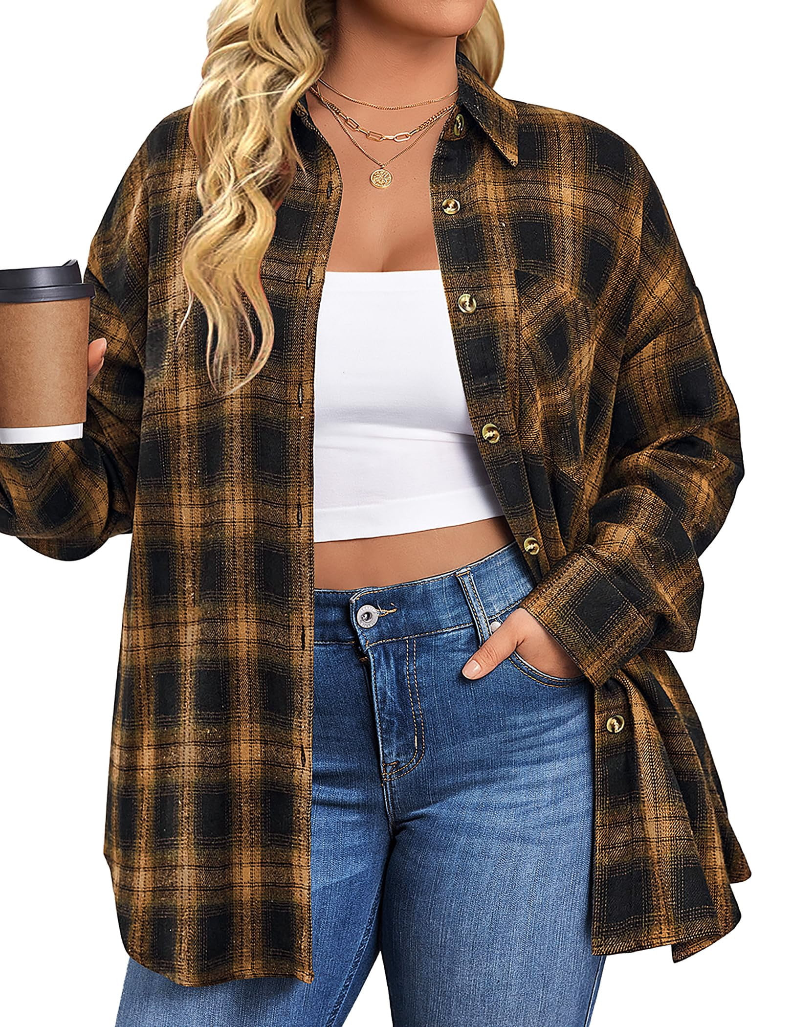 Fantaslook Plus Size Flannel Plaid Shirts for Women Long Sleeve Button Down Shirts Casual Loose B... | Walmart (US)