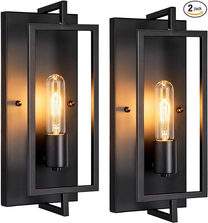 Industrial Wall Sconces Set of 2, Vintage Wall Light Fixture with E26 Base, Matte Black, Metal Ru... | Amazon (US)