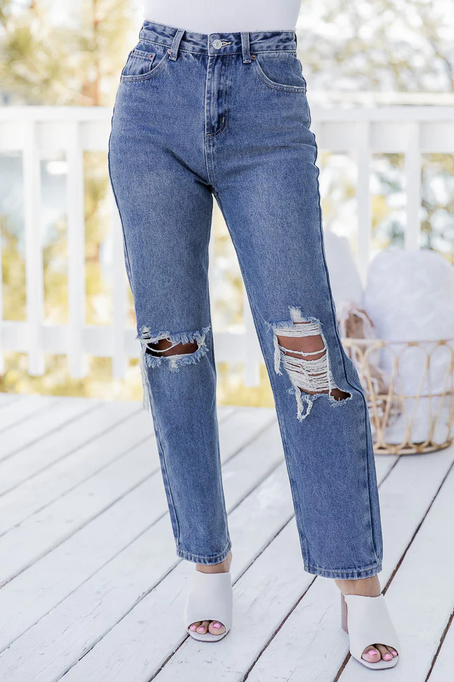 Rosalind High Rise Distressed Medium Wash Straight Leg Jeans FINAL SALE | Pink Lily