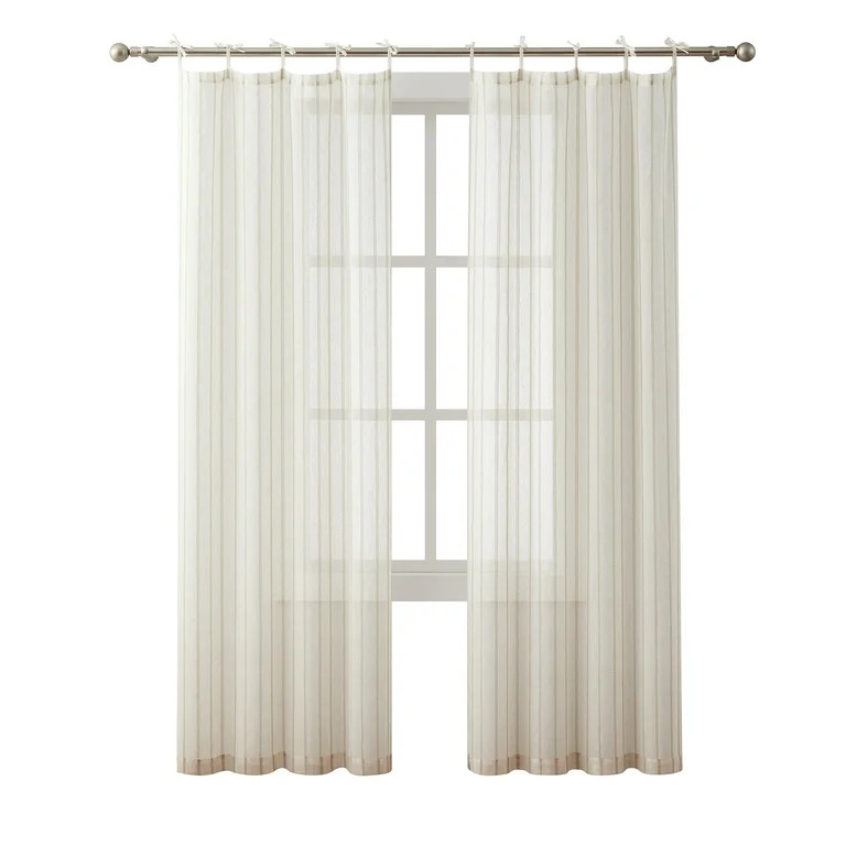 My Texas House Emerson Linen Stripe Light Filtering Tie Top Curtain Panel Pair, Taupe, 76" x 106" | Walmart (US)