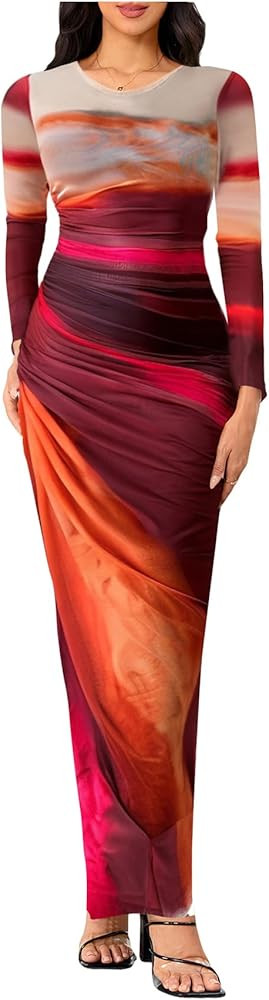 Women's Tie Dye Ruched Long Sleeve Dress Mesh Slim Fit Bodycon Maxi Dresses | Amazon (US)