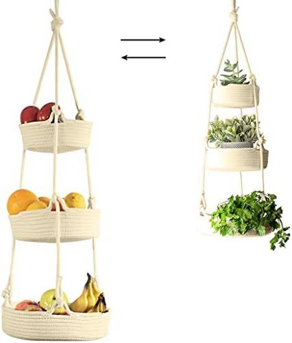 Hanging Fruit Basket 3 Tier Woven - Cotton Rope Fruit Hanging Basket - Macrame Basket Fruit Baske... | Amazon (US)