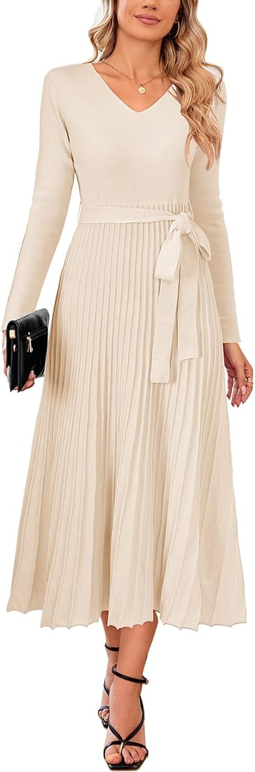 Arach&Cloz 2024 Fall Wool Blended Womens Long Sleeve V Neck Tie Waist Pleated A Line Ribbed Knit ... | Amazon (US)