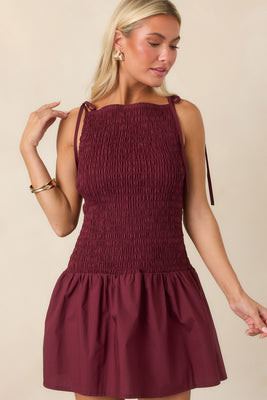 MINKPINK Lola Wine Red Cotton Shirred Mini Dress S / Wine | Red Dress