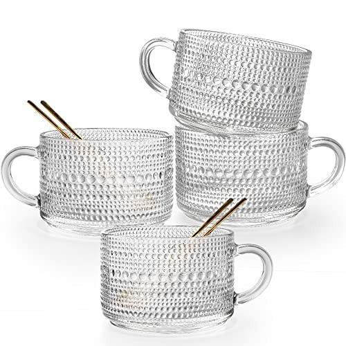 Ymyaye Vintage Glass Coffee Mugs Set of 4, 14 Ounces Embossed Glass Coffee Cups Stackable Coffee Mugs for Cereal, Yogurt, Latte, Clear Breakfast Cups with Handle for Hot or Cold Beverages (Beads*4) | Amazon (US)
