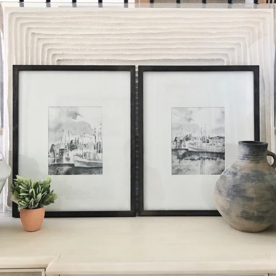 Set of 2 (8x10 size) Watercolor Prints, unframed-- "Monochromatic Harbor" | Etsy (US)