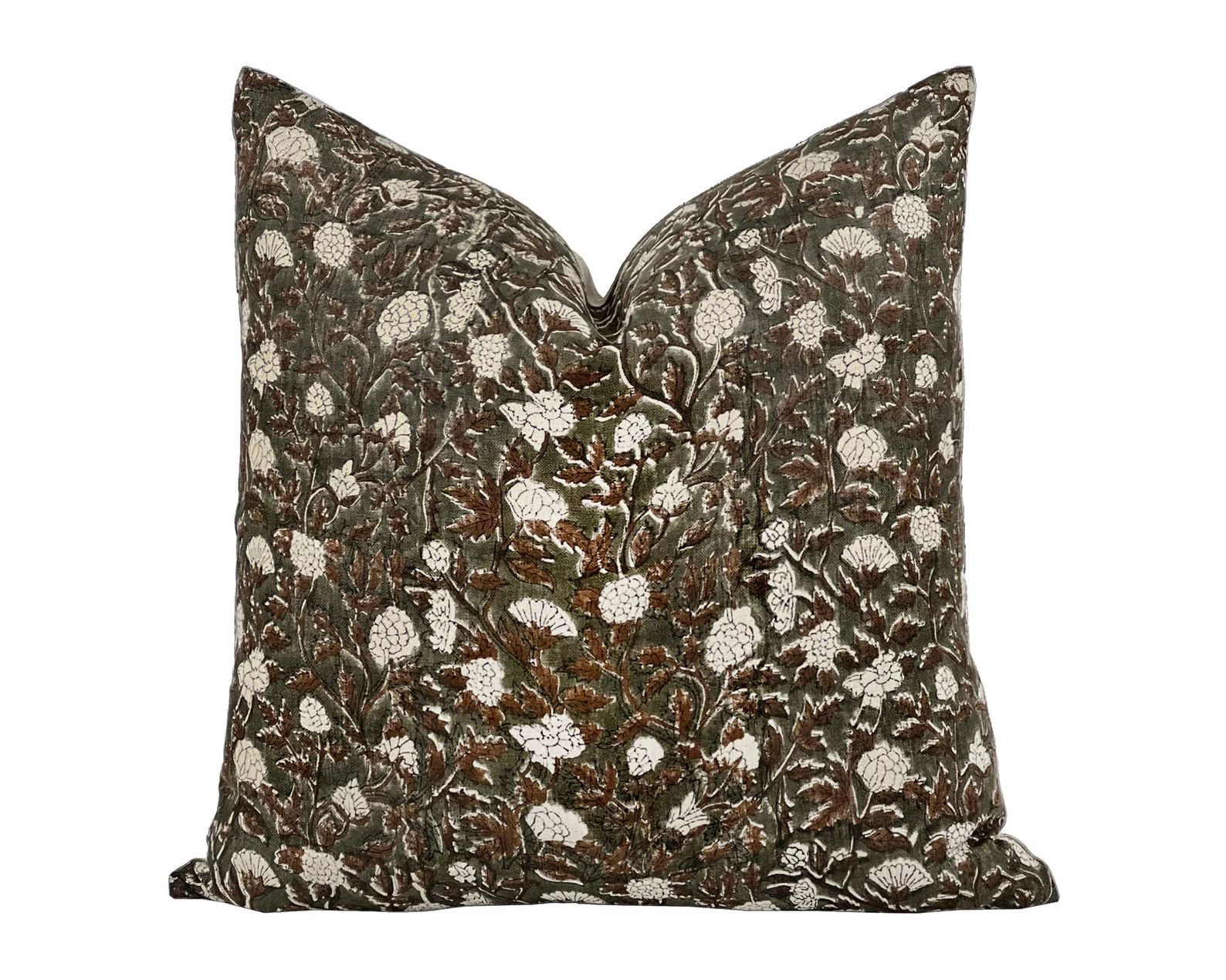 ALUMA | Designer Brown and Black Floral Linen Pillow Cover, Floral Block Print Pillow, Brown Flor... | Etsy (US)