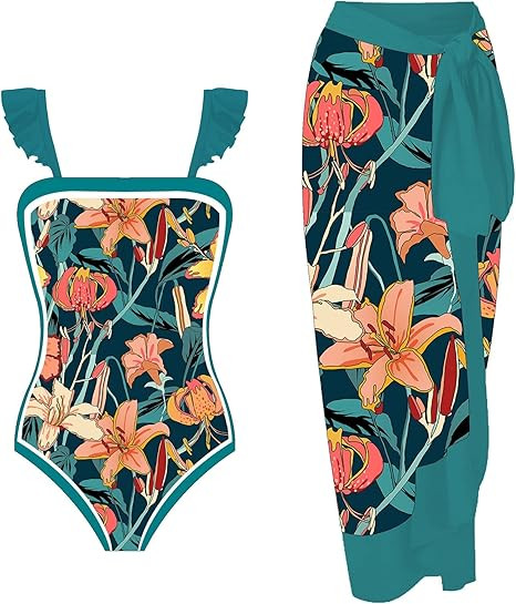 Women Swimsuit with Cover Up Sporlike High Waist Two Pieces Push Up Tropical Tummy Control Monoki... | Amazon (US)