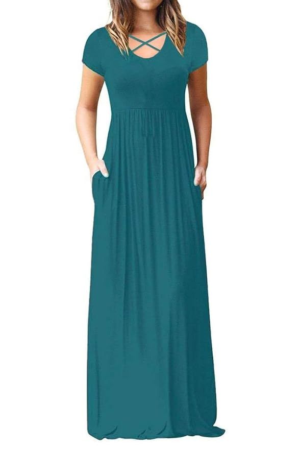 EZBELLE Women's Short Sleeve Maxi Dresses with Pockets Plain Loose Long Dresses | Amazon (US)