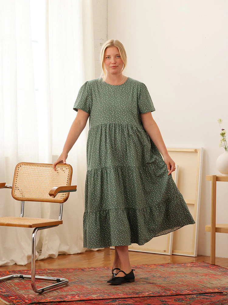 Chalet Tiered Dress Easy Care Cotton Juniper Dot | Tradlands