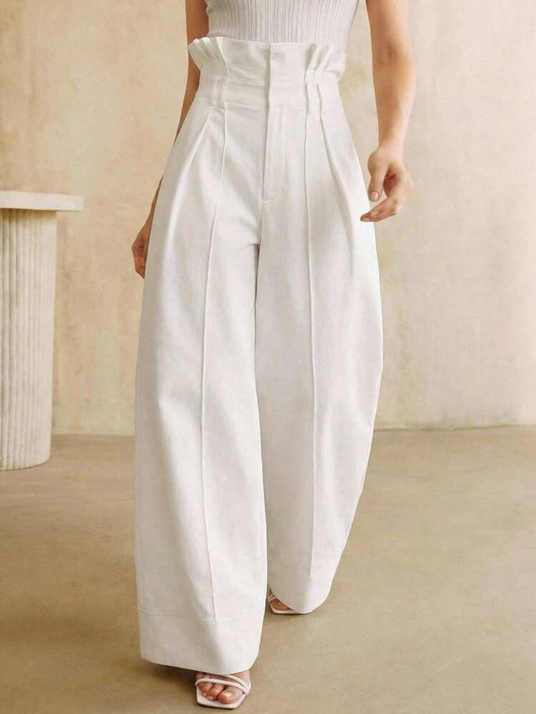 Anewsta Modern White Paper Bag Waist Pants, Women Casual Suit Pants | SHEIN