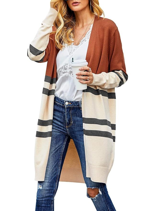 Misassy Womens Color Block Long Cardigans Striped Open Front Knit Sweater Loose Duster Outwear | Amazon (US)