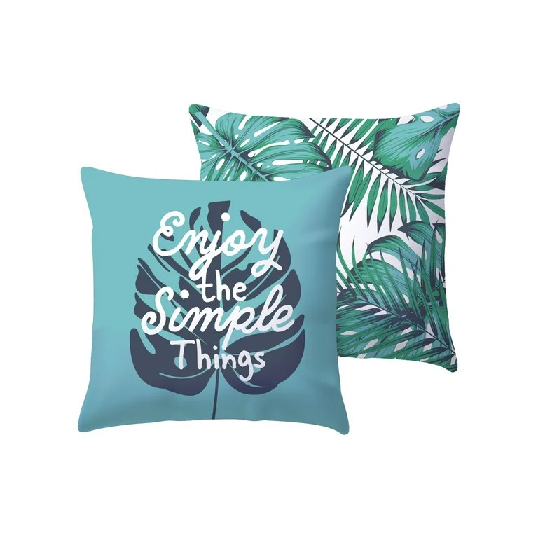 Mainstays Enjoy The Simple Things Reversible Outdoor Throw Pillow, 16", Teal Novelty and Foliage | Walmart (US)