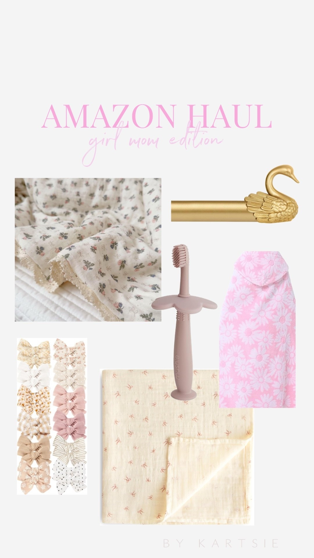 The girliest girl mom Amazon haul!! About to have my third girl under 3 and here’s my latest order! The hooded flower toddler towel is amazing quality. I got a bow swaddle for new baby girl and the cutest floral quilt for all the girls. The swan is a curtain rod, sooo adorable for the girls room! We love the Mushie brand and a toothbrush for our one year old to match our two year olds, they love them! And lastly the back of bows has such a great assortment of bows for all seasons that will match with ton, and they’re super affordable for the pack! 

#LTKFamily #LTKBaby