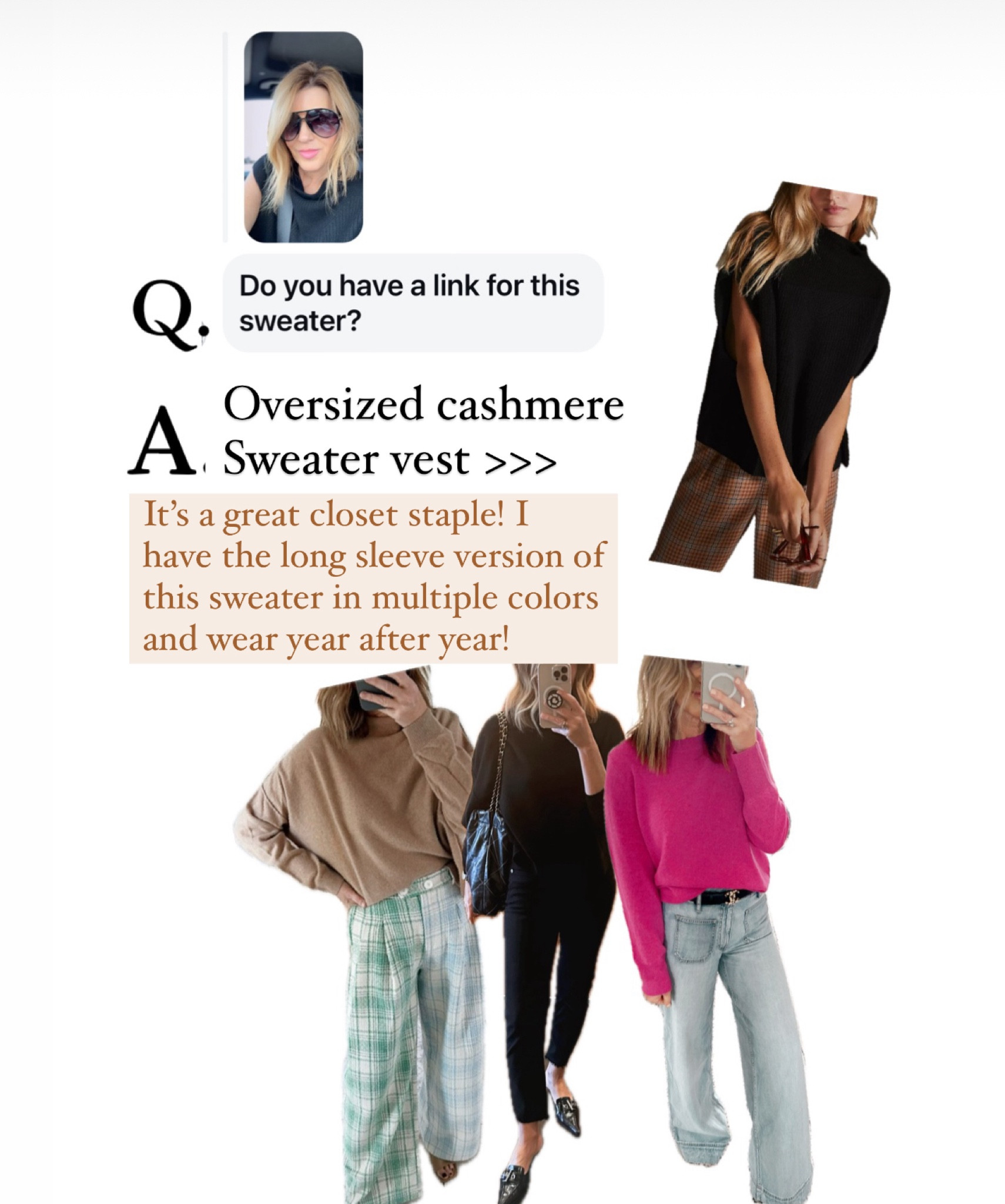 Oversized cashmere sweater vest and sweater, a great closet staple. I wear a medium in sweater (plaid wide leg pants were Anthropologie. Light blue jeans were Ralph Lauren)

#LTKStyleTip #LTKOver40