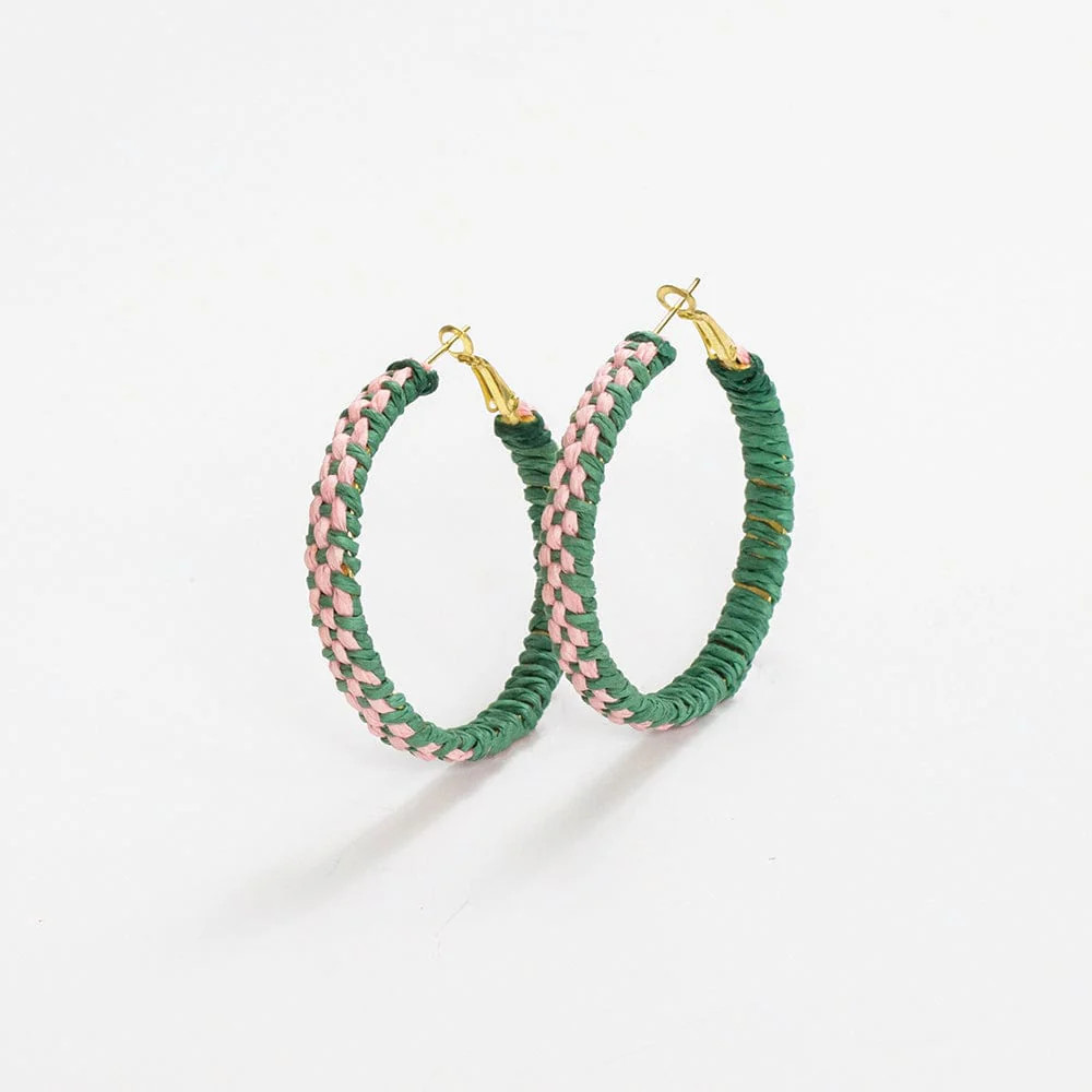 Holly Two-Color Woven Raffia Hoops Kelly Green/Pink | INK+ALLOY