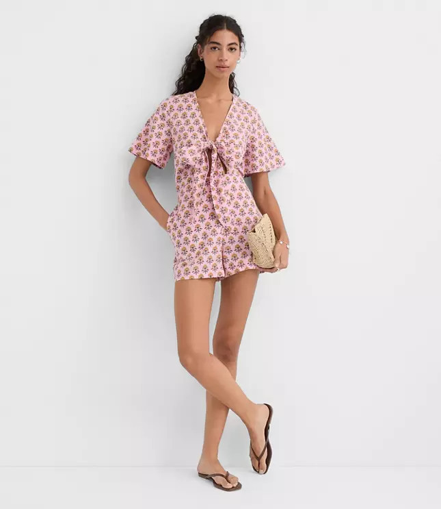 LOFT Beach Garden Tie Front Linen Cotton Romper | LOFT