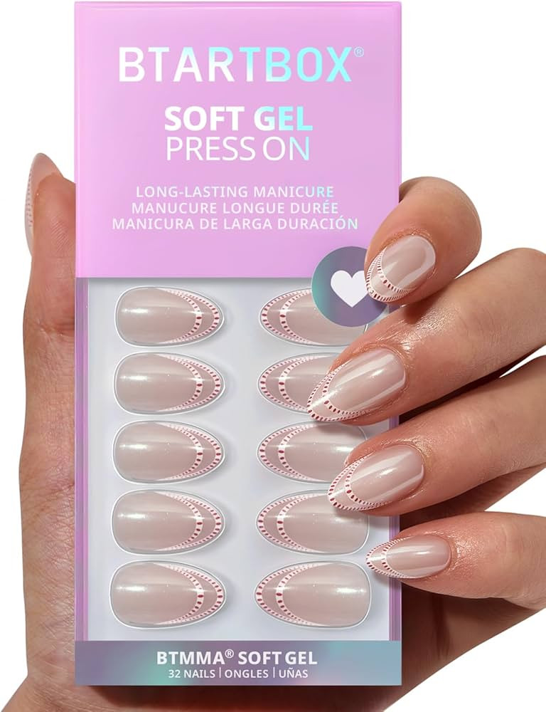 BTArtbox French Tip Press On Nails - Peppermint Kiss, White Pink Short Almond Christmas Press On ... | Amazon (US)
