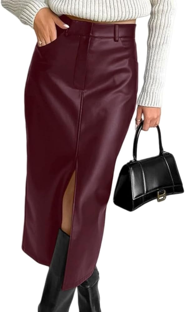 Fleece Lined Faux Leather Skirt for Autumn Winter - Vintage Plush Lined High-Slit Versatile Skirt... | Amazon (US)