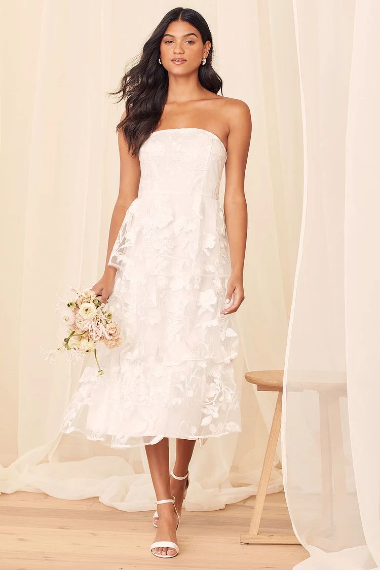 Loving With You White Embroidered Tiered Strapless Midi Dress | Lulus (US)