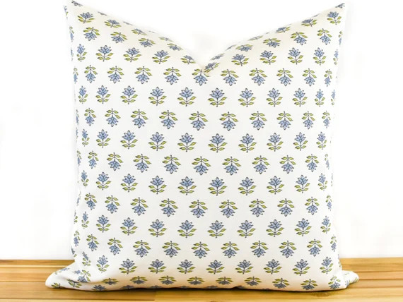 Blue Floral Block Print Pillow Cover, Blue and Green Floral Pillow Cover, Indian Inspired Block P... | Etsy (US)