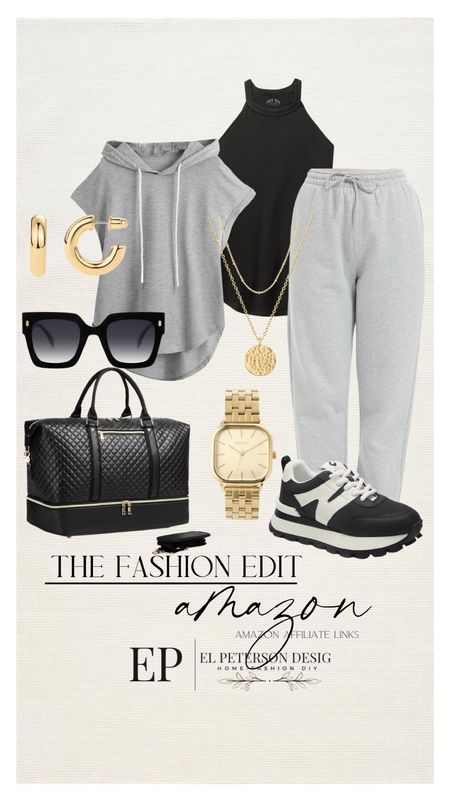 Sweat pants
Tank top
Tennis shoes
Sunglasses
Earrings
Watch
Layered necklace 
Short sleeve hoodie
Duffle bag 

#LTKstyletip
