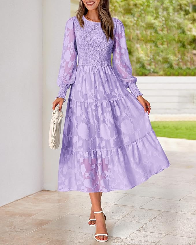 BTFBM Casual Women's 2023 Fall Dresses Elegant Wedding Guest Dress Long Sleeve Floral Midi Dress ... | Amazon (US)